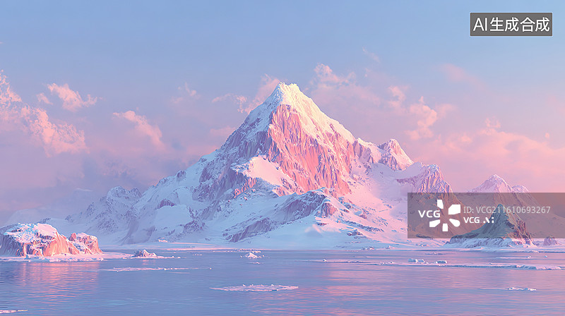 【AI数字艺术】雪山冰川湖面晨曦景象图片素材