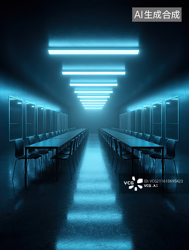 【AI数字艺术】蓝色灯光长廊会议室图片素材
