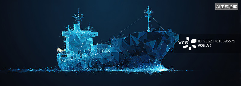 【AI数字艺术】蓝色光影中的货轮剪影图片素材