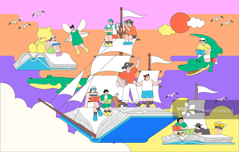 孩子们在用书本堆砌成的海盗船上扬帆起航图片素材