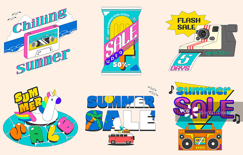 夏日促销活动复古风格贴纸集图片素材