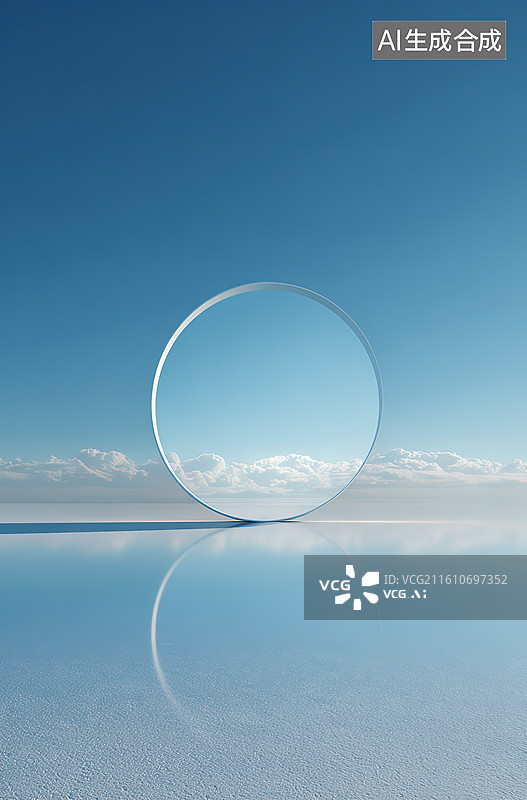 【AI数字艺术】透明圆环悬浮于水面图片素材