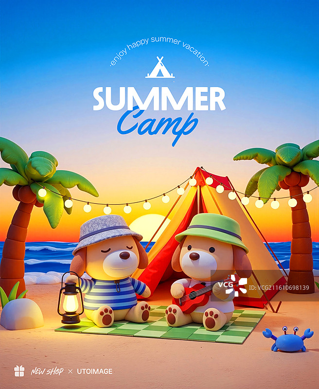 一只狗狗角色在海滩露营时弹吉他图片素材