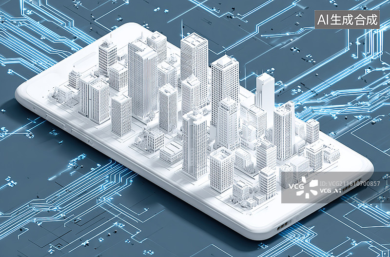 【AI数字艺术】智能手机上的城市模型图片素材