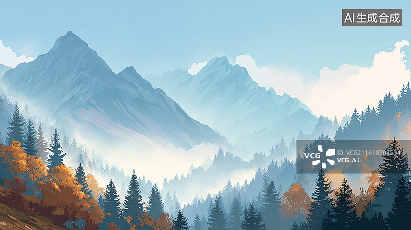 【AI数字艺术】山林秋景晨雾图图片素材
