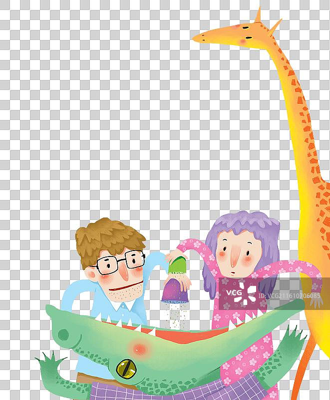 免抠元素 儿童插画 长颈鹿旁边给鳄鱼喂食的两个工作人员图片素材