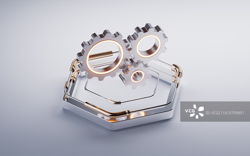 机械齿轮与金属六边形基座三维渲染图片素材