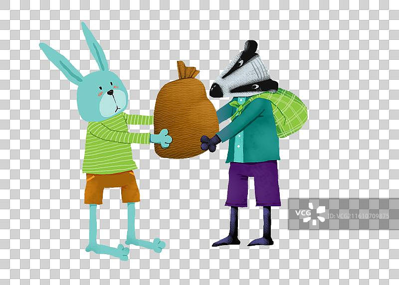 免抠元素 兔子插画  兔子双手抱着圆鼓鼓的麻袋交给背着行囊的獾图片素材