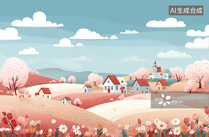 【AI数字艺术】春日乡村风景插画图片素材