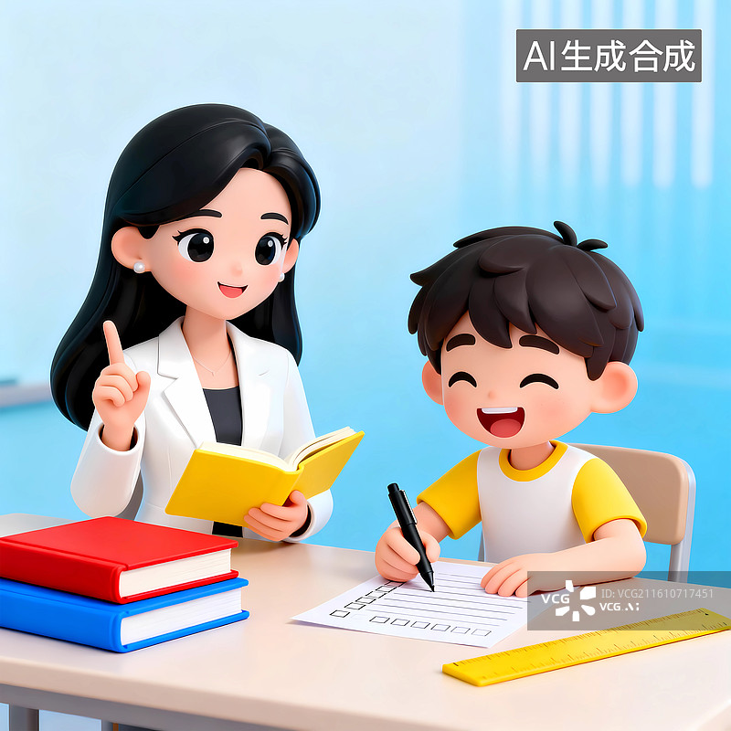 【AI数字艺术】学生家教写作业3d卡通场景图片素材