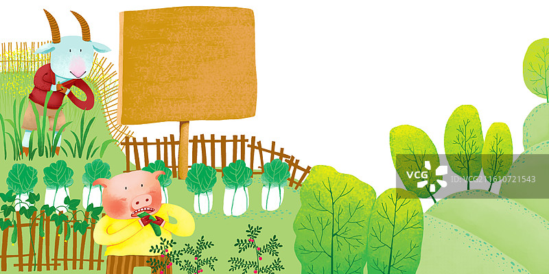 儿童插画 动物插画 菜园里的羊和吃黄瓜的猪图片素材