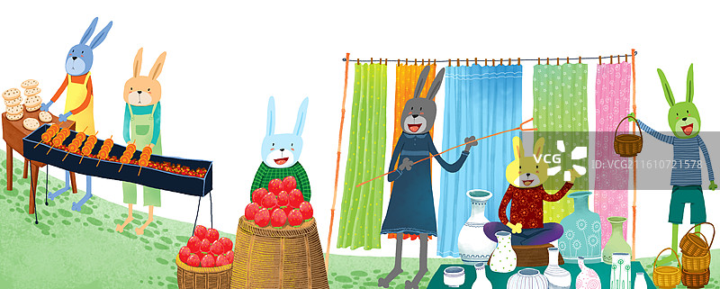 儿童插画 动物插画 兔子市场 正在卖货的兔子们图片素材
