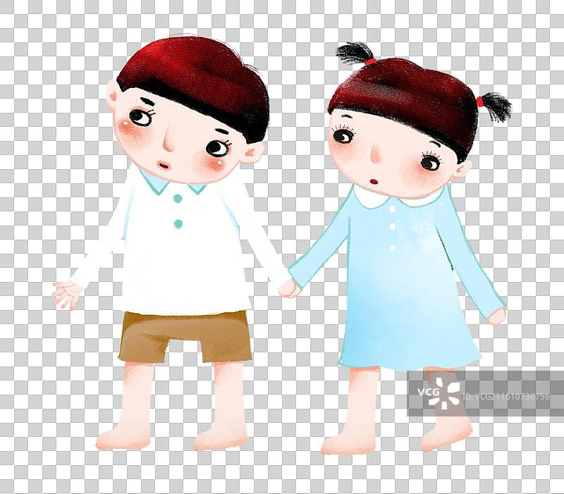 免抠元素 人物插画 小男孩小女孩手牵手站着图片素材