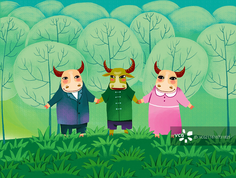 动物插画 儿童插画 三头手拉手的牛图片素材
