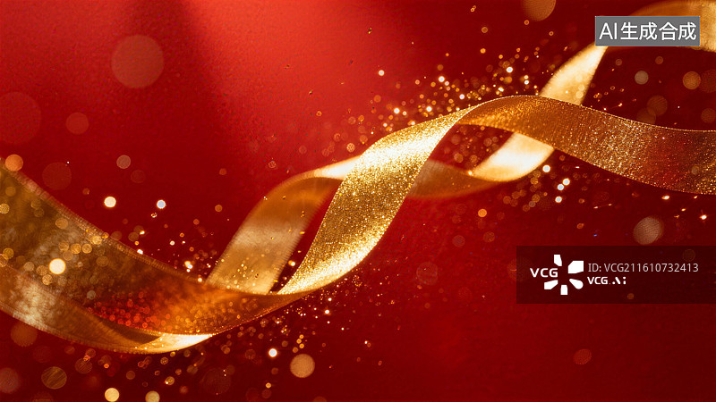 【AI数字艺术】金色粒子流动的金色丝带华丽的红色背景壁纸图片素材