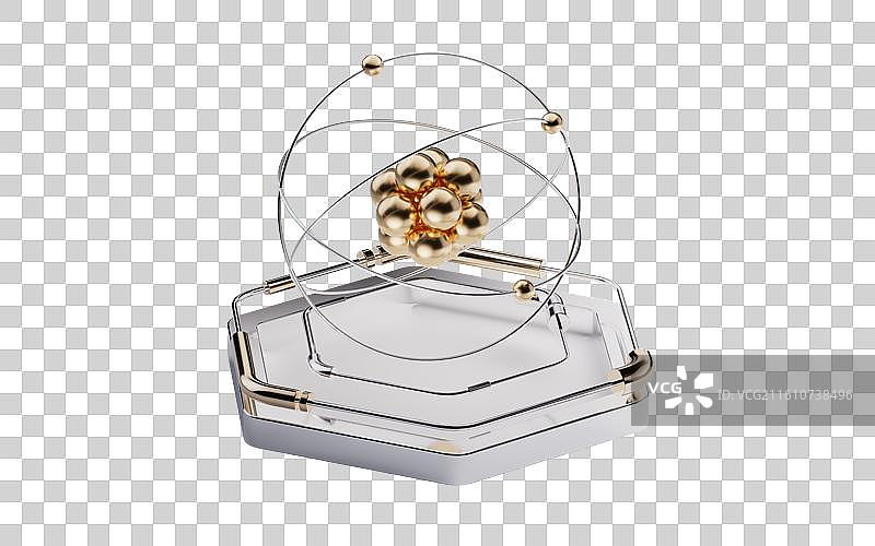 原子模型与金属六边形底座三维渲染图片素材