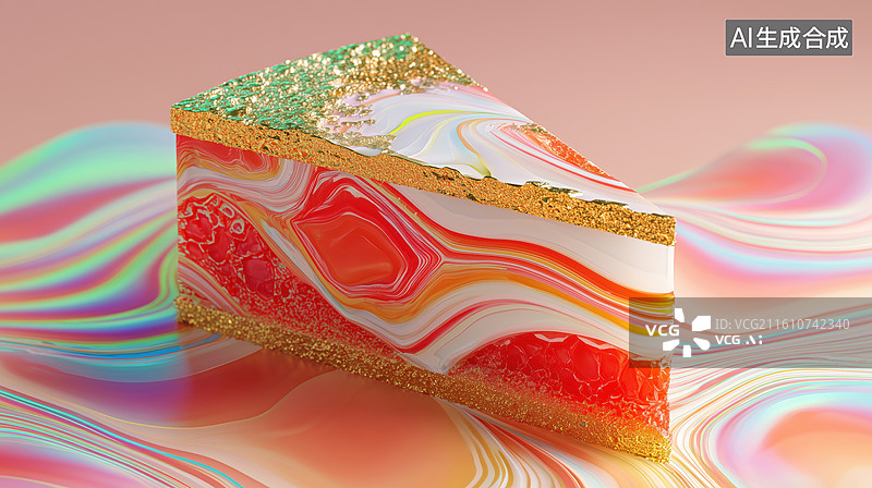 【AI数字艺术】过年一块红色金色条纹的蛋糕3D卡通立体插画图片素材