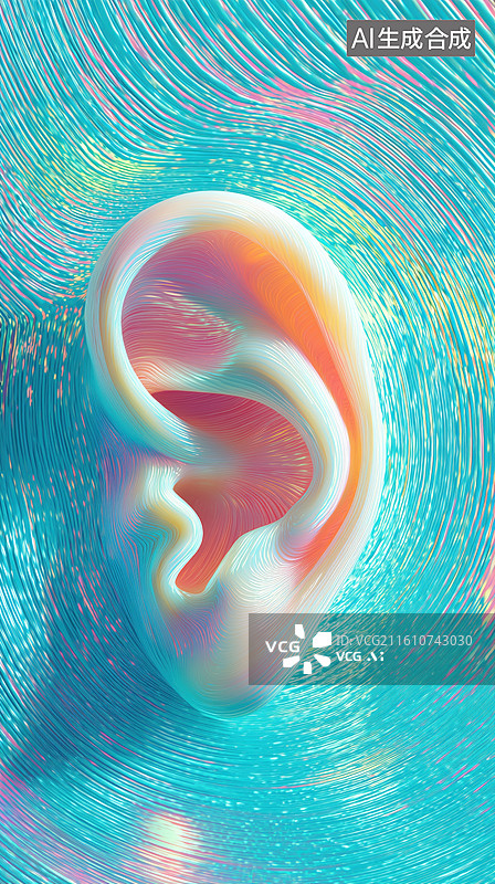 【AI数字艺术】色彩炫丽的荧光色流体包围的3D人物听觉耳朵特写图片素材