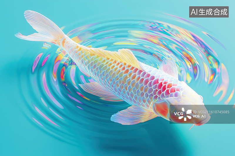 【AI数字艺术】荧光色清澈湛蓝水中的一条锦鲤3D插画图片素材