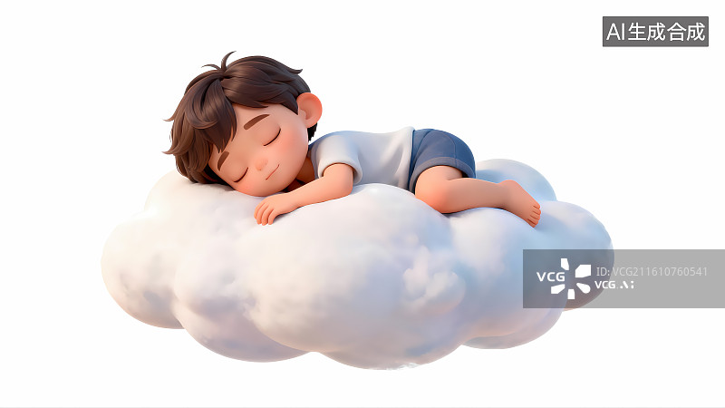 【AI数字艺术】趴在超大云朵上睡觉的男孩3D插画图片素材
