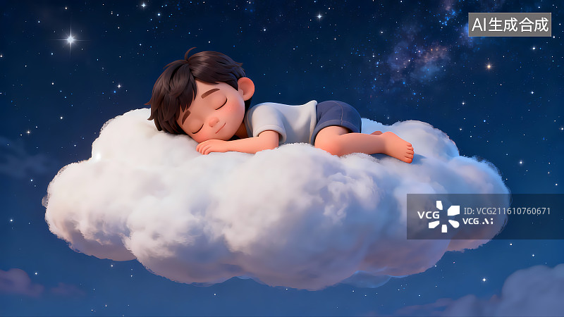 【AI数字艺术】趴在超大云朵上睡觉的男孩3D插画图片素材