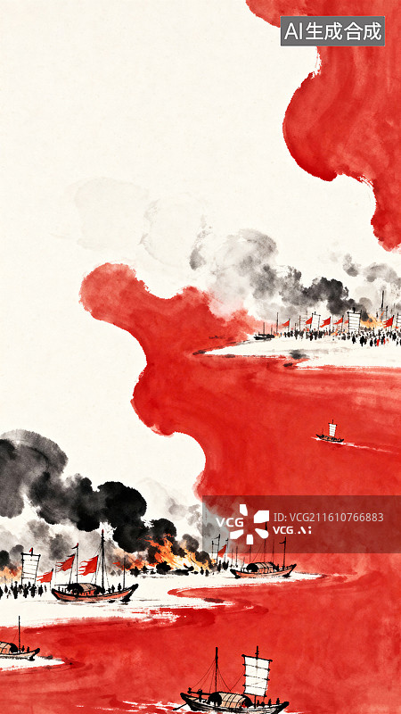 【AI数字艺术】名著三国演义中赤壁之战场面淡彩水墨插画图片素材