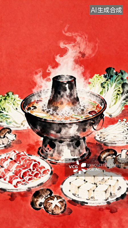 【AI数字艺术】铜火锅涮火锅荤菜素菜食材聚餐节日淡彩水墨插画图片素材