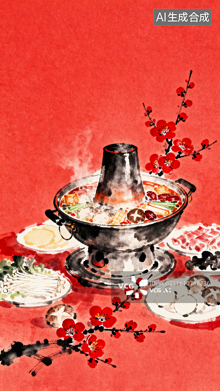 【AI数字艺术】铜火锅涮火锅荤菜素菜食材聚餐节日淡彩水墨插画图片素材