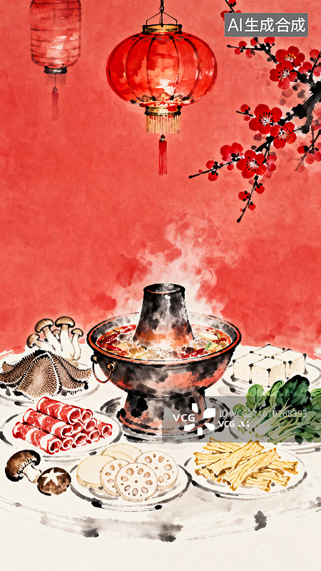 【AI数字艺术】铜火锅涮火锅荤菜素菜食材聚餐节日淡彩水墨插画图片素材