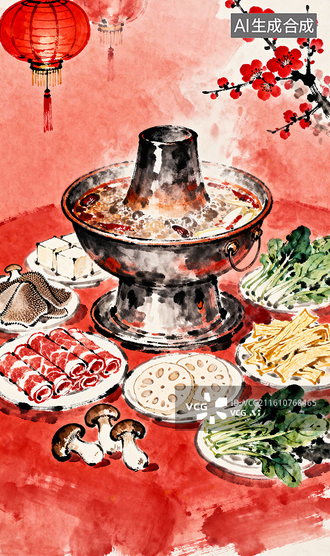 【AI数字艺术】铜火锅涮火锅荤菜素菜食材聚餐节日淡彩水墨插画图片素材