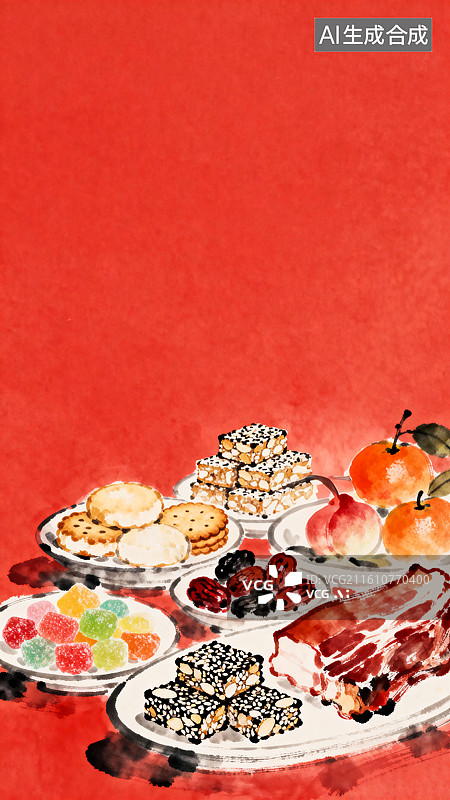 【AI数字艺术】桌子上放着饼干糖果水果干果腊肉春节新年淡彩水墨插画图片素材