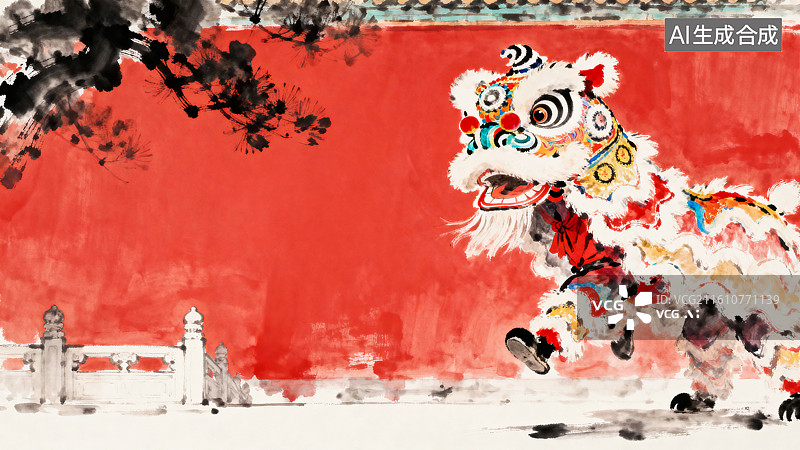 【AI数字艺术】春节新年在舞狮庆祝传统节日喜庆淡彩水墨插画图片素材