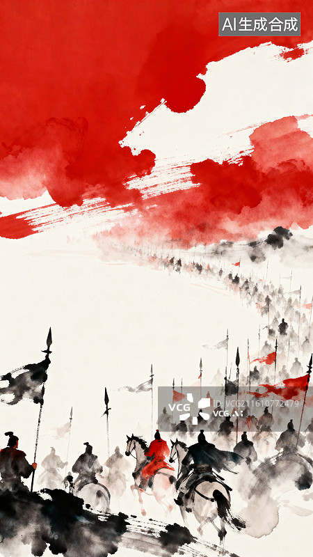 【AI数字艺术】中国古代历史战争场面著名战役淡彩水墨插画图片素材