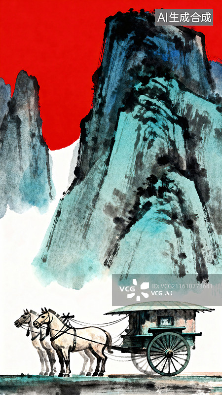 【AI数字艺术】秦汉时期马车山峰中国历史文化淡彩水墨插画图片素材