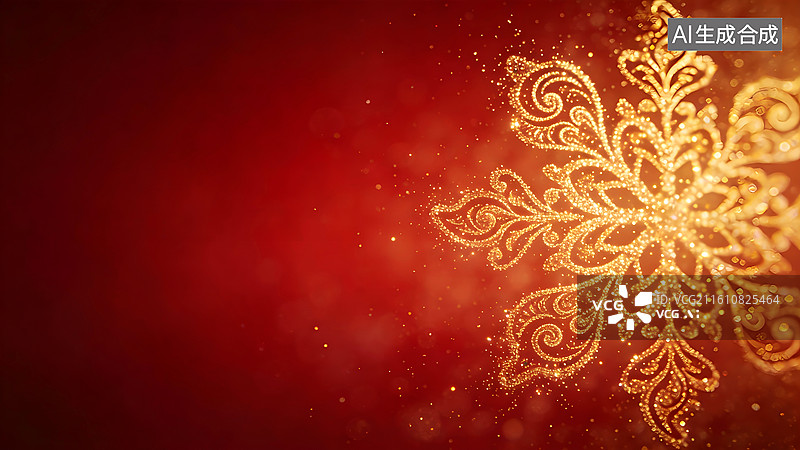 【AI数字艺术】新年红色背景上的金色粒子形成圣诞节雪花图案图片素材