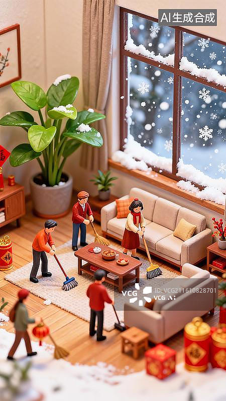 【AI数字艺术】传统文化春节年俗微缩景观竖版背景扫尘打扫卫生图片素材