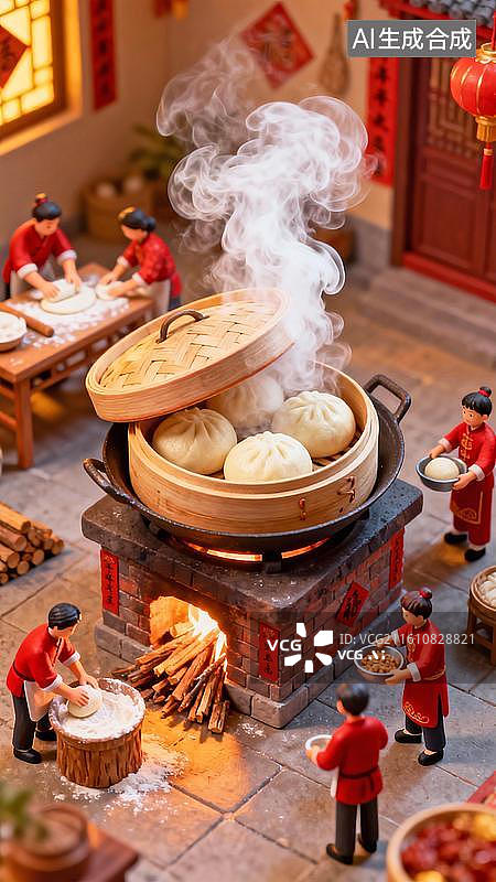 【AI数字艺术】传统文化春节年俗微缩景观竖版背景蒸馒头图片素材