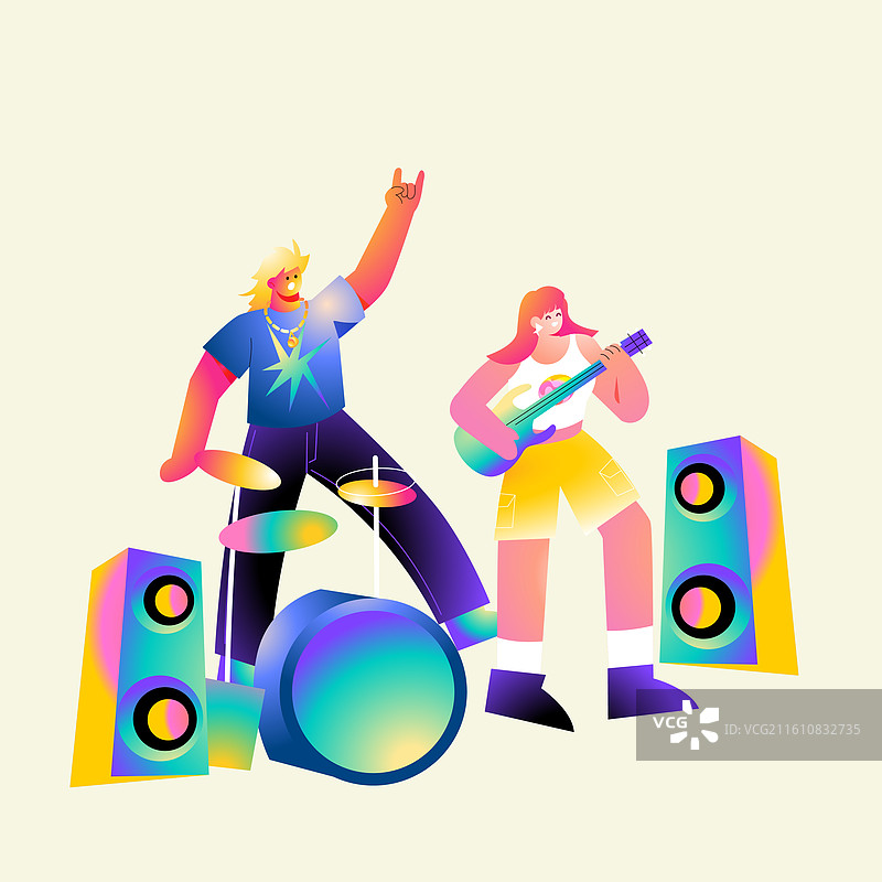 卡通音乐节电音节乐队演出演唱会歌手情侣学生青年娱乐休闲生活电商消费团购促销优惠活动渐变矢量插画图片素材