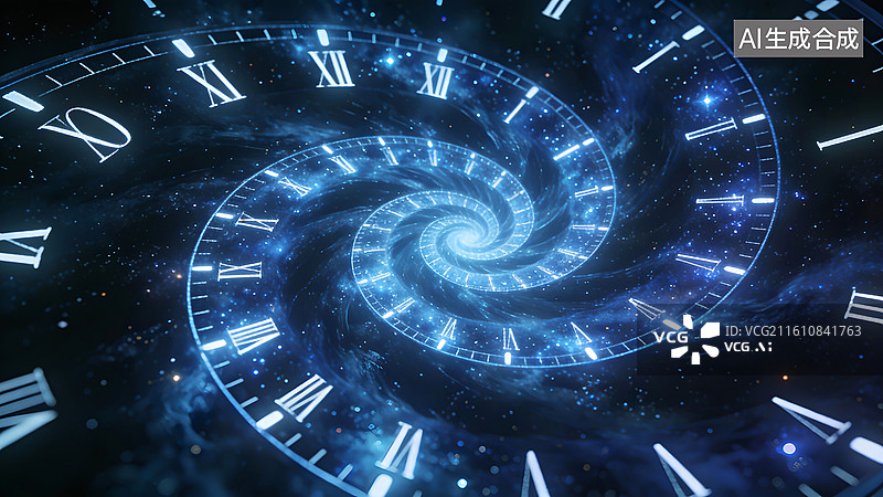 【AI数字艺术】蓝色调的无尽时间螺旋在虚拟宇宙空间图片素材