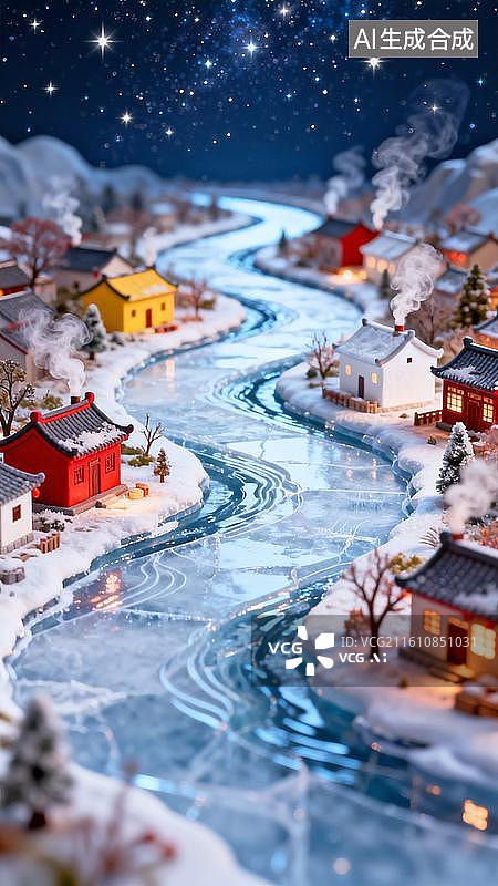 【AI数字艺术】移轴拍摄风格的微缩模型C4D渲染一条蜿蜒的冰河穿过微缩村落河道呈S形贯穿图片素材