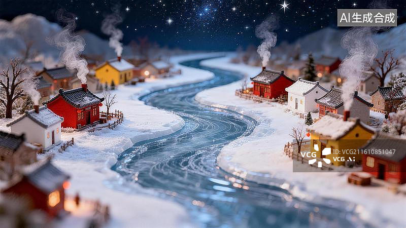 【AI数字艺术】移轴拍摄风格的微缩模型C4D渲染一条蜿蜒的冰河穿过微缩村落河道呈S形贯穿图片素材