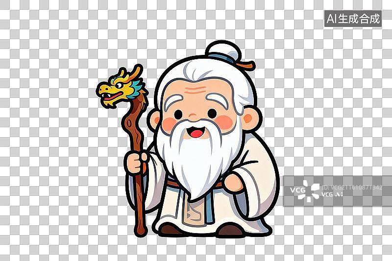 【AI数字艺术】卡通风格，手拿拐杖的神话人物，南极仙翁PNG格式的免扣元素图片素材