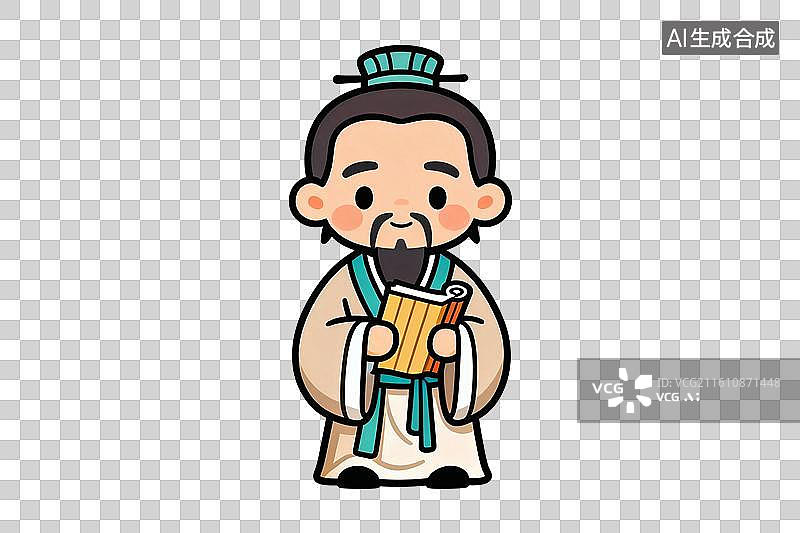 【AI数字艺术】卡通风格，手拿竹简的历史人物，孔子PNG格式的免扣元素图片素材