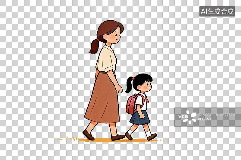 【AI数字艺术】卡通风格，妈妈带着背着书包的小女孩去上学PNG格式的免扣元素图片素材