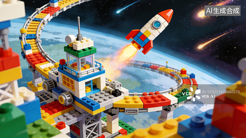 【AI数字艺术】积木火箭发射场景图片素材