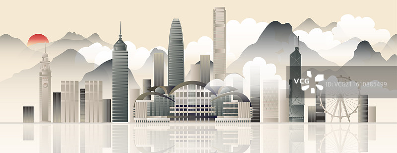 香港地标建筑城市天际线矢量维多利亚港 尖沙咀 钟楼 国际金融中心 中环广场 会展中心图片素材
