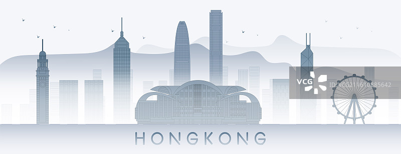 香港地标建筑城市天际线矢量维多利亚港 尖沙咀 钟楼 国际金融中心 中环广场 会展中心图片素材