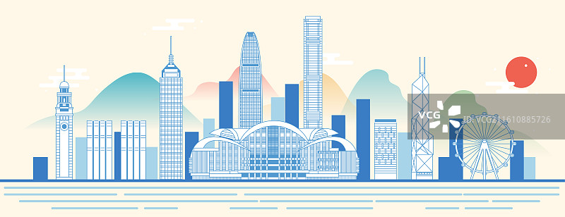 香港地标建筑城市天际线矢量维多利亚港 尖沙咀 钟楼 国际金融中心 中环广场 会展中心图片素材