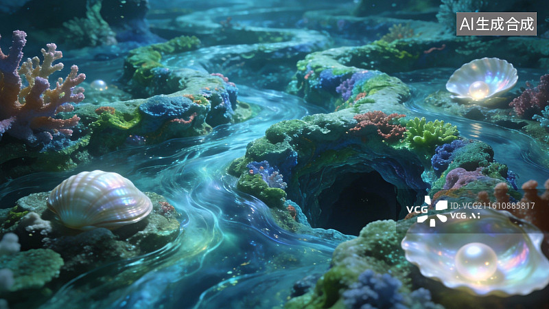 【AI数字艺术】海底珊瑚礁与贝壳景观图片素材