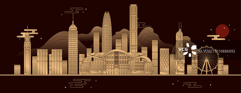 香港地标建筑城市天际线矢量维多利亚港 尖沙咀 钟楼 国际金融中心 中环广场 会展中心图片素材
